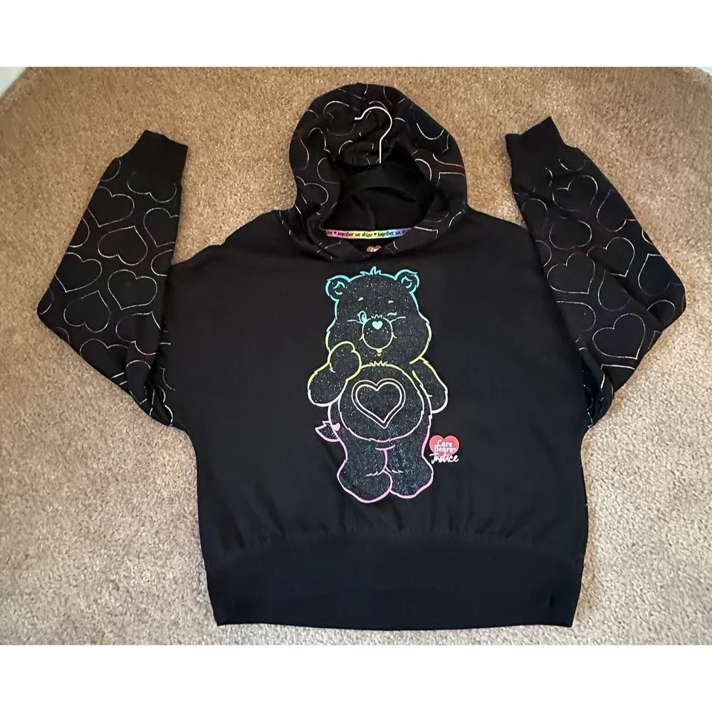 Care Bears Justice Girls L 12/14 Black Hoodie Rainbow Heart Graphic